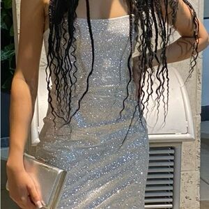 Elegant Silver Sparkly Strapless Mini Dress